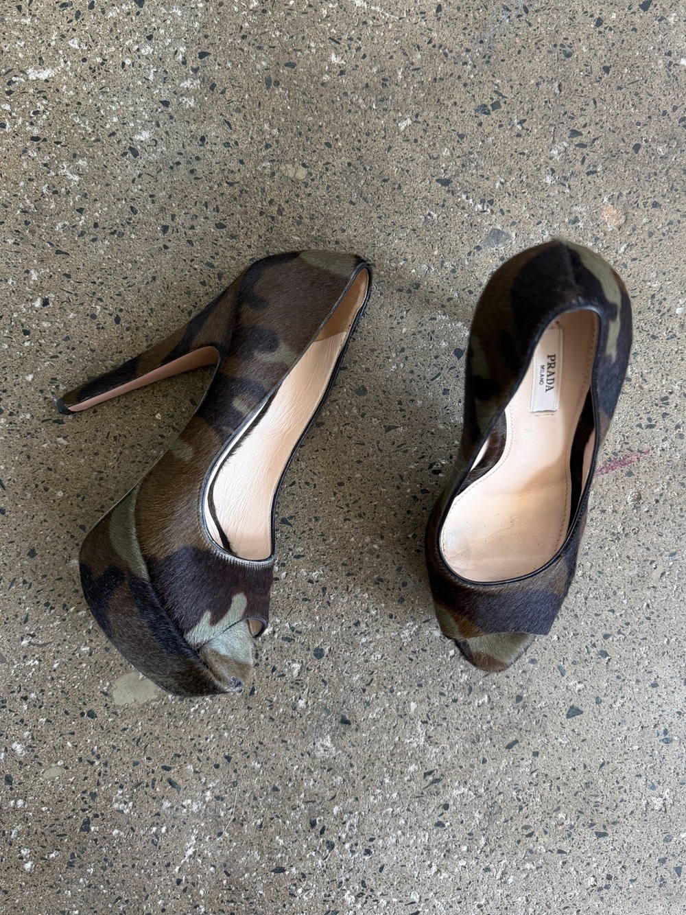 prada platform heels pony hair camo